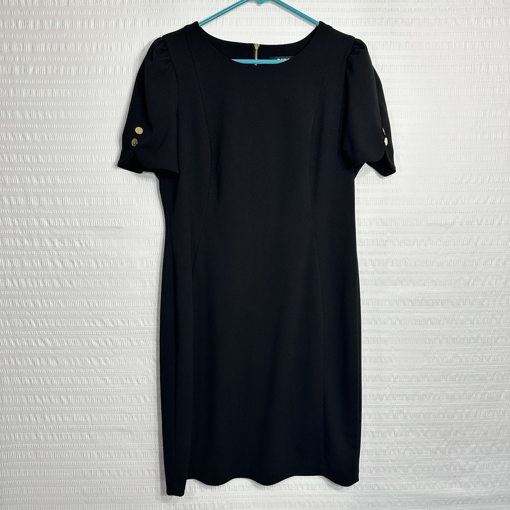 DKNY Womens 14 Black Sheath Dress Tulip Puff Sleeve Gold Buttons Stretch